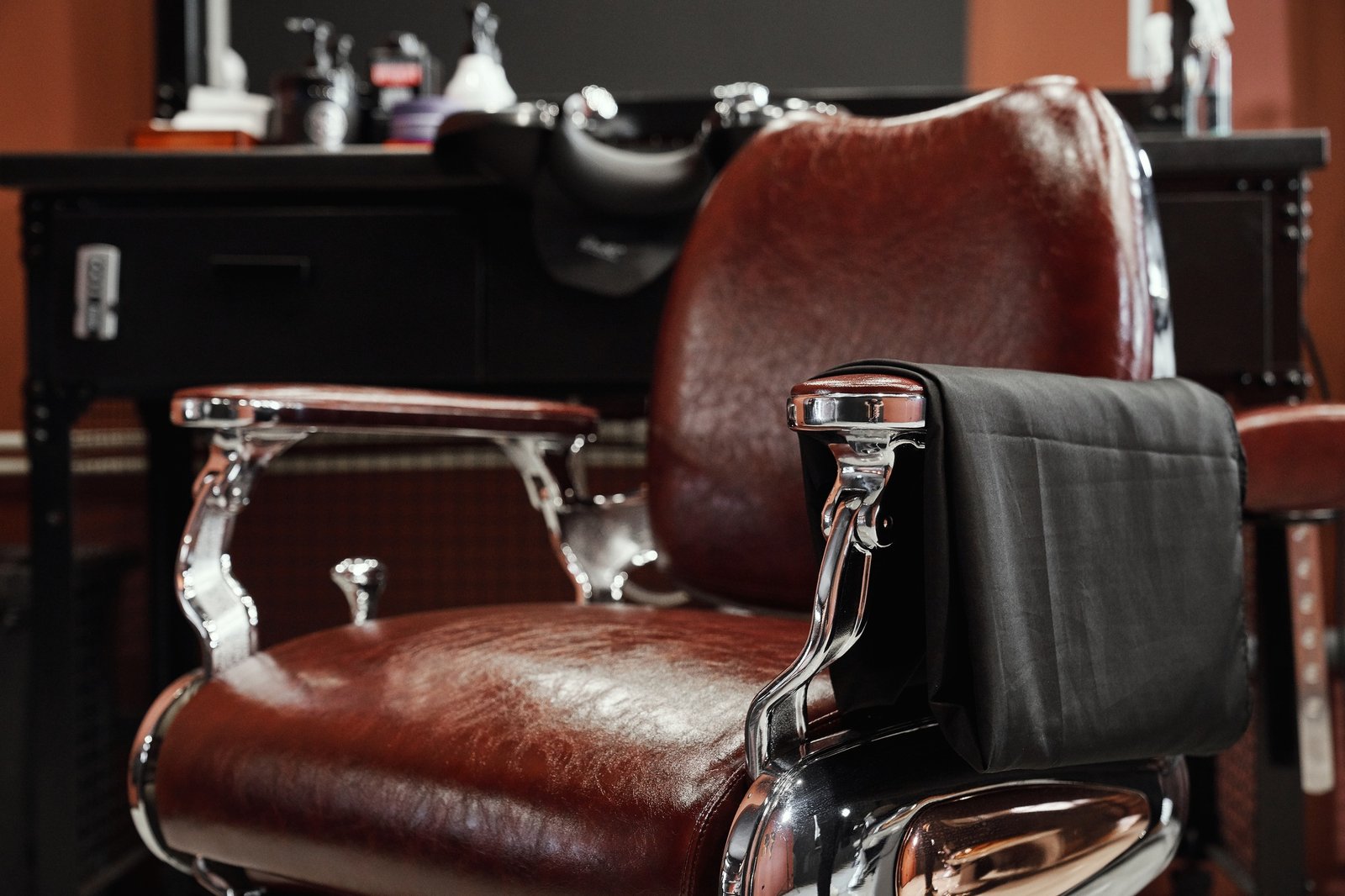 Lather retro professional chair for male in salon of barbershop.